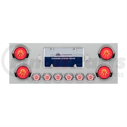 34281 by UNITED PACIFIC - Tail Light Panel - Stainless Steel, Rear Center, with 4X21 LED 4" "GLO" Lights & 6X 9 LED 2" Lights & Visors, Red LED/Clear Lens