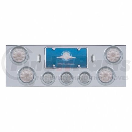 34510 by UNITED PACIFIC - Tail Light Panel - Rear Center Panel, Chrome, with 4 x 10 LED 4" Lights & 3 x 13 LED 2.5" Lights & Visors, Red LED/Clear Lens