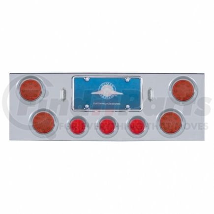 34513 by UNITED PACIFIC - Tail Light Panel - Chrome, Rear Center, with 4X LED 4" Reflector Lights & 3X LED 2.5" Beehive Lights & Visors, Red LED & Lens