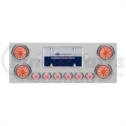 34665 by UNITED PACIFIC - Tail Light Panel - Stainless Steel, Rear Center, with 4X10 LED 4" Lights & 6X 9 LED 2" Lights, Red LED/Clear Lens