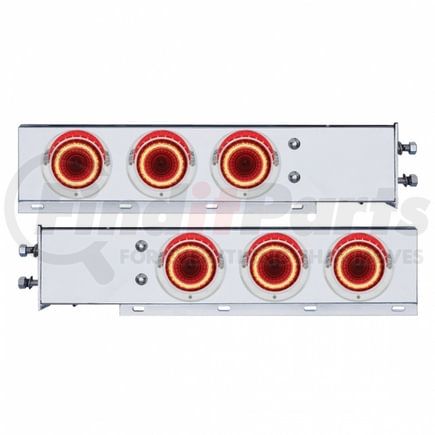 22252 by UNITED PACIFIC - Light Bar - Stainless Steel, Spring Loaded Rear, wth 6X 4" LED Mirage Lights, Red Lens, with 2-1/2" Bolt Pattern, with Chrome Bezels and Visors, 24 LED per Light