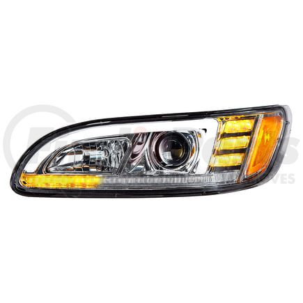 35765 by UNITED PACIFIC - Projection Headlight Assembly - LH, Chrome Housing, High/Low Beam, H7 Quartz Bulb, with 24 LED Signal (Sequential), 18 LED DRL/Position Light and Side Marker