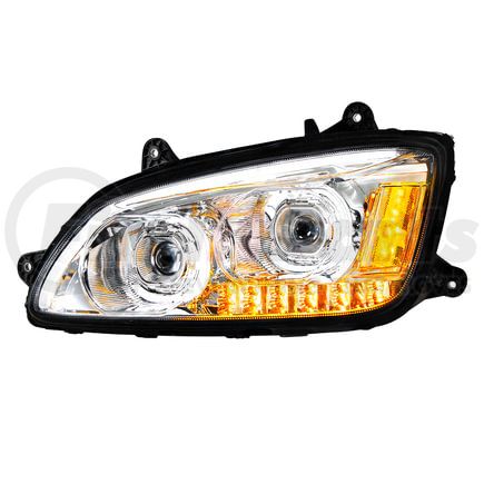 35771 by UNITED PACIFIC - Projection Headlight Assembly - LH, LED, Chrome Housing, High/Low Beam, with Amber LED Turn Signal, White LED Position Light Bar and Amber LED Marker Light