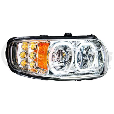 35785 by UNITED PACIFIC - Headlight Assembly - RH, LED, Chrome Housing, High/Low Beam, with 6 LED Signal and 100 LED Position Light