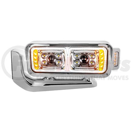 35897 by UNITED PACIFIC - Headlight Assembly - Driver Side, Chrome, 10 LED, Projector, with Mounting Arm and Turn Signal Side Pod