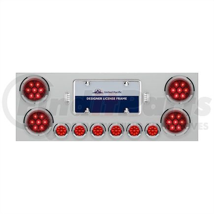 35081 by UNITED PACIFIC - Tail Light Panel - Stainless Steel, Rear Center, with 4X Red LED 4" Light & 6X Red LED 2" Light & Bezel, Red Lens, Competition Series