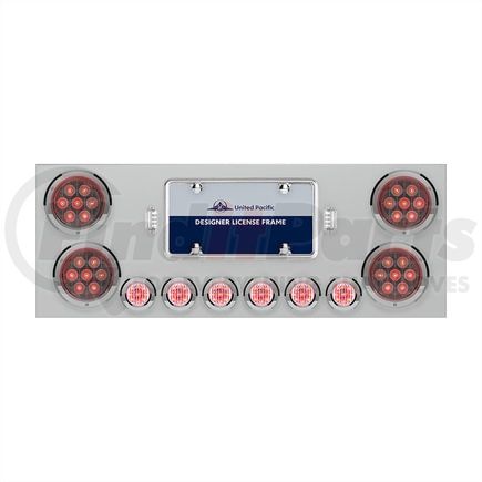 35083 by UNITED PACIFIC - Tail Light Panel - Stainless Steel, Rear Center, with 4X Red LED 4" Light & 6X Red LED 2" Light & Bezel, Clear Lens, Competition Series