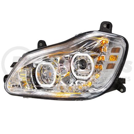 35741 by UNITED PACIFIC - Headlight Assembly - LED, LH, Chrome Housing, High/Low Beam, with 9 LED Amber Signal (Sequential), 100 LED White DRL, 6 LED Side Marker