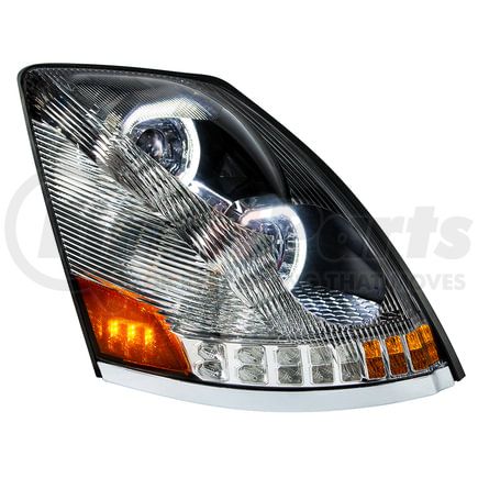 35750 by UNITED PACIFIC - Headlight Assembly - LED, RH, Chrome Housing, High/Low Beam, with 18 LED Amber Signal (Sequential), 100 LED White DRL, 6 LED Side Marker