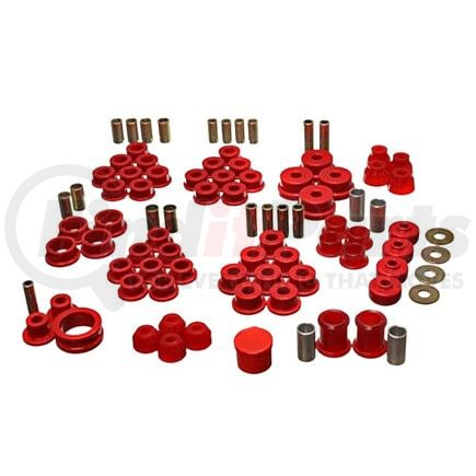 318122R by ENERGY SUSPENSION - Hyper-Flex System; Red; Incl. Front/Rear Control Arm Bushing; Rack/Pinion Bushing; Rear Spring Cushions;Rear Strut Rod Bushing;Ball Joint/Tie Rod End Boots;Perf. Polyurethane;