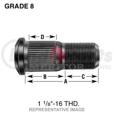 09001925 by MERITOR - Wheel Hub Stud, Right Hand, 1 1/8-16 UN-2A, Grade 8, Round Head, Serrated