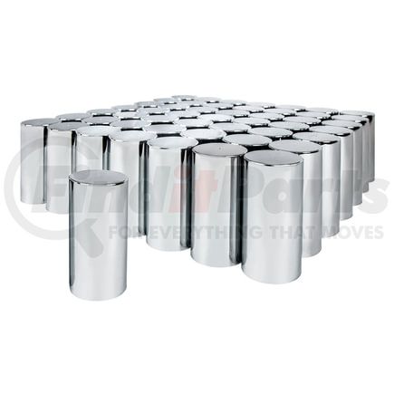10034CB by UNITED PACIFIC - Wheel Lug Nut Cover Set - 33mm X 4- 1/4", Chrome, Plastic, Tall Cylinder, Thread-On