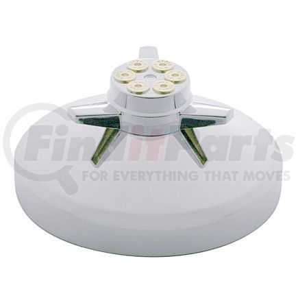 10198 by UNITED PACIFIC - Axle Hub Cap - Rear, 8", Chrome, with Gun Cylinder Spinner