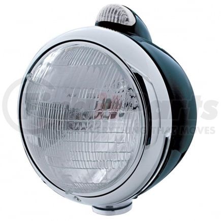 31552 by UNITED PACIFIC - Guide Headlight - 682-C Style, RH/LH, 7", Round, Powdercoated Black Housing, 6014 Bulb, with Amber 5 LED Signal Light, with Clear Lens