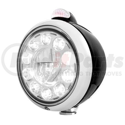 31565 by UNITED PACIFIC - Guide Headlight - 1 High Power, LED, 682-C Style, RH/LH, 7", Round, Powdercoated Black Housing, with 5 LED Dual Mode Signal Light, with Clear Lens