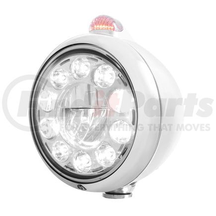 31563 by UNITED PACIFIC - Guide Headlight - 1 High Power LED, RH/LH, 7", Round, Polished Housing, with 5 LED Dual Mode Turn Signal Light, with Clear Lens