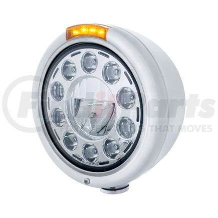 31578 by UNITED PACIFIC - Headlight - 1 High Power, LED, RH/LH, 7 in. Round, Polished Housing, with Single Function 4 Amber LED Signal Light with Amber Lens