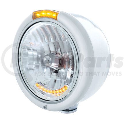 32059 by UNITED PACIFIC - Headlight - Half-Moon, RH/LH, 7", Round, Polished Housing, H4 Bulb, with 10 Amber LED Accent Light and 4 LED Turn Signal Light, with Amber Lens