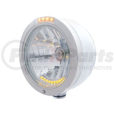 32096 by UNITED PACIFIC - Headlight - Half-Moon, RH/LH, 7", Round, Polished Housing, H4 Bulb, with Bullet Style Bezel, with 10 Amber LED Accent Light and 4 LED Dual Mode Turn Signal Light, with Clear Lens