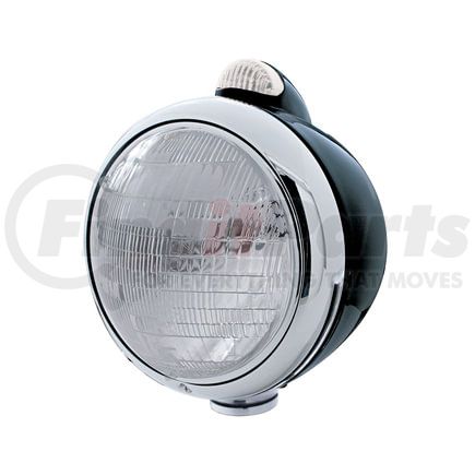 32411 by UNITED PACIFIC - Guide Headlight - 682-C Style, RH/LH, 7", Round, Powdercoated Black Housing, 6014 Bulb, with Top Mount, 5 LED Dual Mode Signal Light, Clear Lens