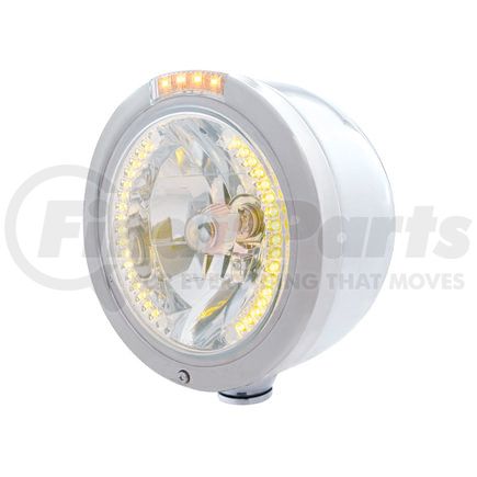 32449 by UNITED PACIFIC - Headlight - Half-Moon, RH/LH, 7", Round, Polished Housing, H4 Bulb, with Bullet Style Bezel, with 34 Bright Amber LED Position Light and 4 Amber LED Signal Light, Clear Lens