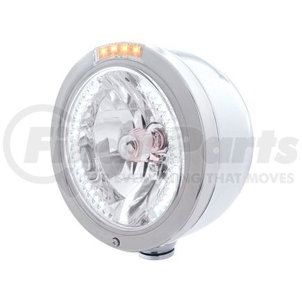32453 by UNITED PACIFIC - Headlight - Half-Moon, RH/LH, 7", Round, Polished Housing, H4 Bulb, with Bullet Style Bezel, with 34 Bright White LED Position Light and 4 Amber LED Signal Light, Clear Lens