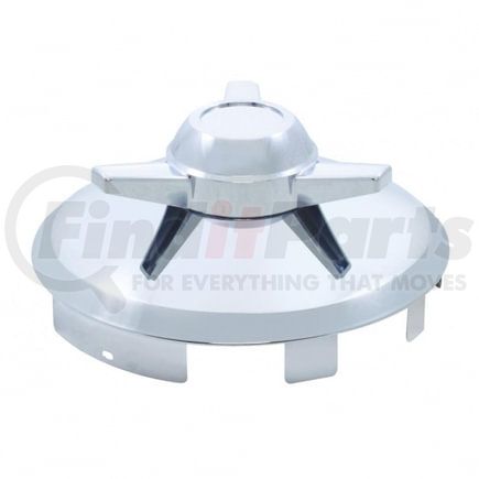 21115 by UNITED PACIFIC - Axle Hub Cap - Front, 6 Uneven Notched, Stainless, with 3 Bar Spinner, 1" Lip
