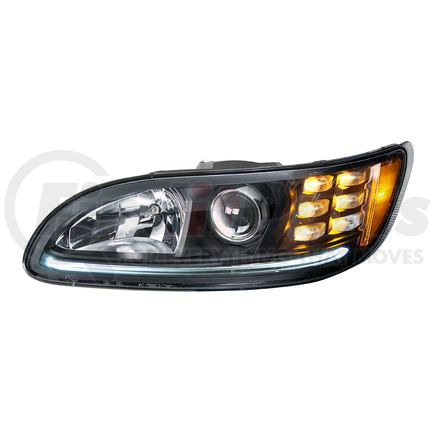 35810 by UNITED PACIFIC - Projection Headlight Assembly - LH, Black Housing, High/Low Beam, H11/HB3 Bulb, with Amber 6 LED Signal Light, White LED Position Light and LED Side Marker, Back Cover Included