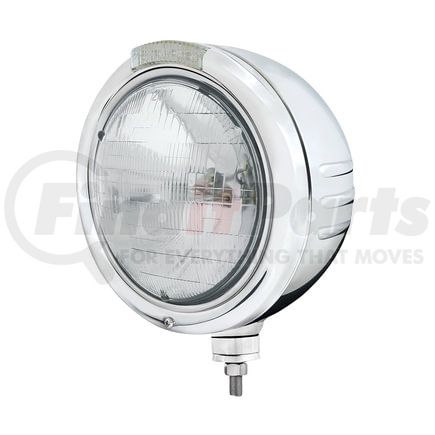 32737 by UNITED PACIFIC - Classic Embossed Stripe Headlight - RH/LH, 7", Round, Polished Housing, H6024 Bulb, Bullet Style Bezel, with Amber LED Dual Mode Light, Clear Lens