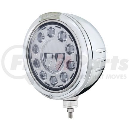 32749 by UNITED PACIFIC - Headlight - Embossed Stripe, 11 LED, RH/LH, 7", Round, Polished Housing, Bullet Style Bezel, with Amber LED Dual Mode Light (Clear Lens)