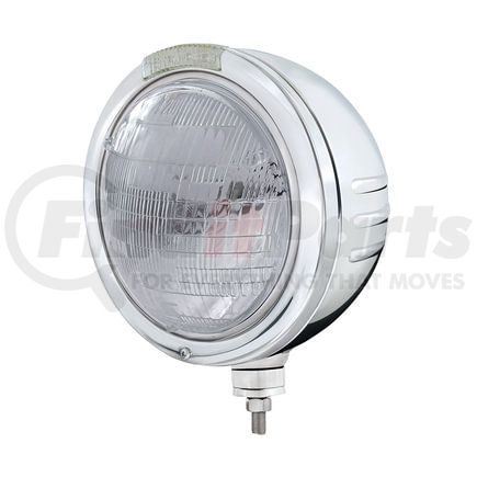 32751 by UNITED PACIFIC - Headlight - Embossed Stripe, RH/LH, 7", Round, Polished Housing, 6014 Bulb, Bullet Style Bezel, with Amber LED Dual Mode Light (Clear Lens)