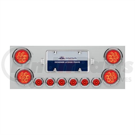 34666 by UNITED PACIFIC - Tail Light Panel - Stainless Steel, w/ 4 x 4" 7-LED Reflector & 6 x 2" 9-LED Lights, Red Lens