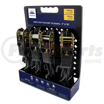 90810 by UNITED PACIFIC - Ratchet Tie Down - Heavy Duty, 1" x 15', S Hook, with Rubberized Cover Handle