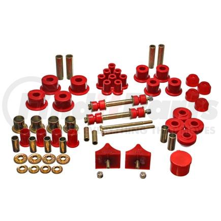 5-18104R by ENERGY SUSPENSION - Hyper-Flex System; Red; Incl. F/Upr Cntl. Arm Bush.; F 28mm/R 15mm Sway Bar Bush.; F Strut Rod Bush. F End Link Set; Lower Cntl. Arm Bump Stop; R Left Spr. Bush.; Tie Rod Boot;