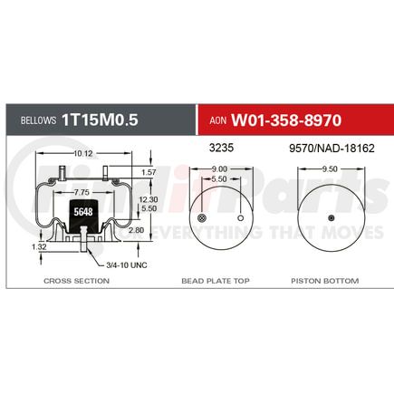 Firestone W013588970 Suspension Air Spring Kit Airide Air Spring - Bus Reversible Sleeve 1T15M-0.5