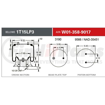 Firestone W013589017 Suspension Air Spring Kit Airide Air Spring - Bus Reversible Sleeve 1T15AA-3