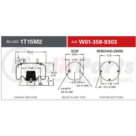 Firestone W013589303 Suspension Air Spring Kit Airide Air Spring - Bus Reversible Sleeve 1T15M-2
