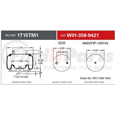 Firestone W013589421 Suspension Air Spring Kit Airide Air Spring Reversible Sleeve 1T15TM-1