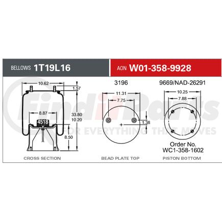 Firestone W013589928 Airide Air Spring Reversible Sleeve 1T19F-16
