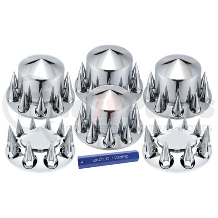 United Pacific 10308 Axle Hub Cover Kit Chrome Pointed Axle Cover Combo Kit With 33mm Spike Thread-On Nut Covers