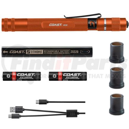 Coast 21521 Flashlight HP3R Rechargeable LED Penlight, 500 Lumens, Twist Focus, Dual Power, Orange Body