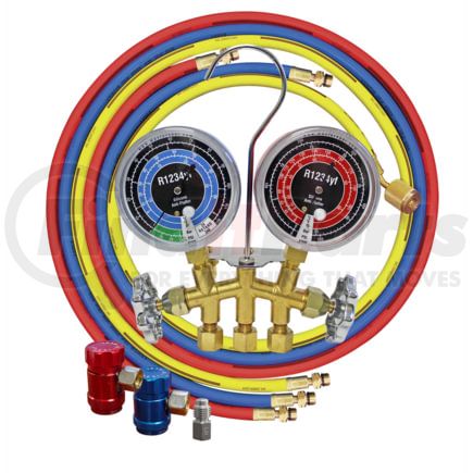 Mastercool 81661 Manifold Pressure Gauge R1234yf 2-Way Brass Manifold Gauge Set with 60-Inch Hoses and Couplers