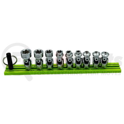 Vim Tools DDSUJET400 Universal Joint Socket 9-Piece Dual Drive Stubby Firm Flex Universal Joint Female E Torx Socket Set Rail
