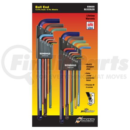 Bondhus Corp. 69600 Bondhus 69600 ColorGuard™ 22 Pc. Ball End L-Wrench Hex Key Combo Set, .050-3/8" & 1.5mm-10mm