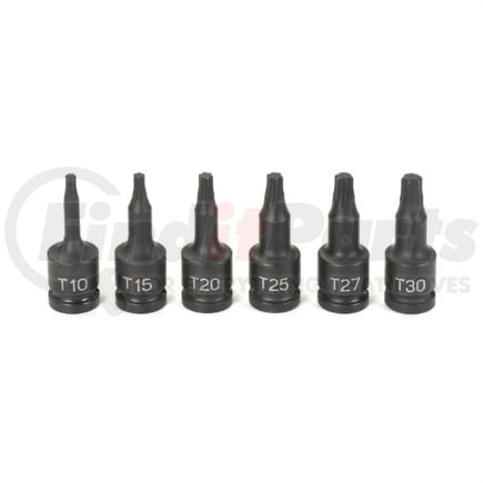Grey Pneumatic 996T Socket Driver Bit Set 6-Piece, 1/4" Drive T10-T30 Size, Internal Star Impact Socket Driver Bit Set