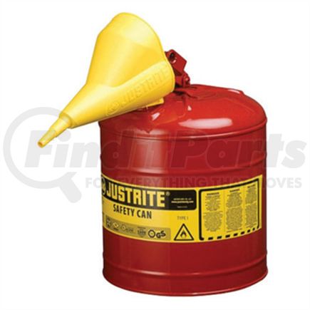 Justrite 7150110 Red Metal Safety Can, Type 1, Five Gallon, With Yellow Plastic Funnel, for Gasoline