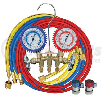 Mastercool 84772-G Manifold Pressure Gauge Heavy-Duty Forged Brass 2-Way Manifold Gauge Set with 72" Hoses and Manual