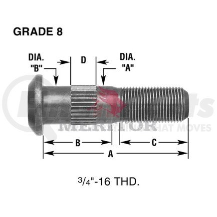 09001983 by MERITOR - Wheel Stud - LH Thread Direction, Serrated, 1.00" Body Length, 8 Grade