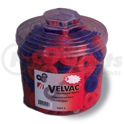 35162 by VELVAC - Gladhand Seal Counter Top Bucket Display, Round clear canister, 7" diameter x 7.5 height, and cover. Includes 200 Blue Poly Gladhand Seals.
