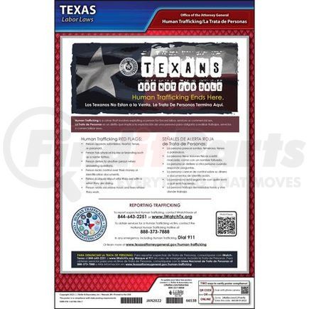 66538 by JJ KELLER - Texas Commercial Human Trafficking Poster, Laminated, 9.25" W x 14.25" H